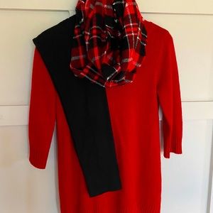 Girl’s Holiday Sweater Dress with scarf and pants
